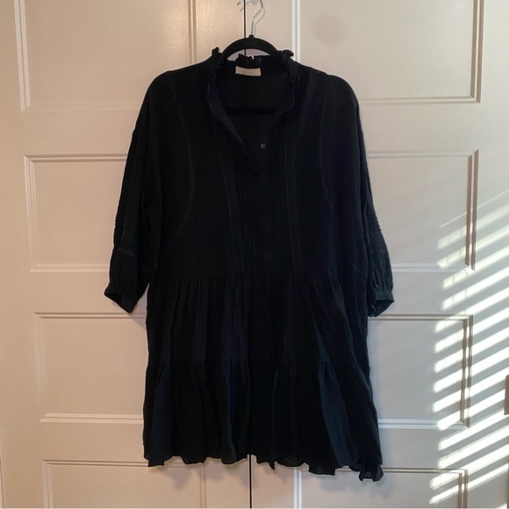 All Row Women’s Black Midi Dress 100% Cotton V-Neck Button Down Mid Sleeve Large